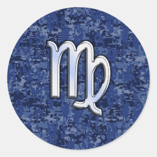 Virgo Zodiac Sign on Navy Blue Digital Camouflage Classic Round Sticker
