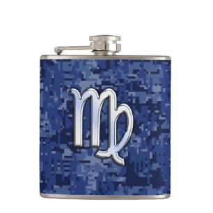 Virgo Zodiac Sign on Navy Blue Digital Camouflage Hip Flask