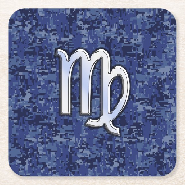Virgo Zodiac Sign on Navy Blue Digital Camouflage Square Paper Coaster (Front)