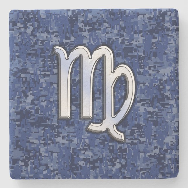 Virgo Zodiac Sign on Navy Blue Digital Camouflage Stone Coaster (Front)