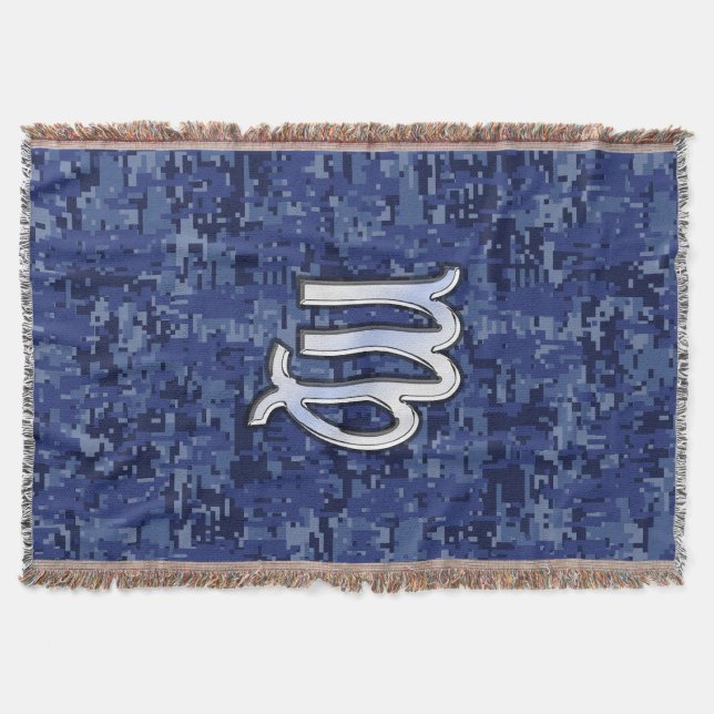 Virgo Zodiac Sign on Navy Blue Digital Camouflage Throw Blanket (Front)