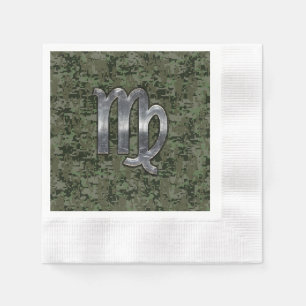 Virgo Zodiac Sign on Olive Green Digital Camo Napkin