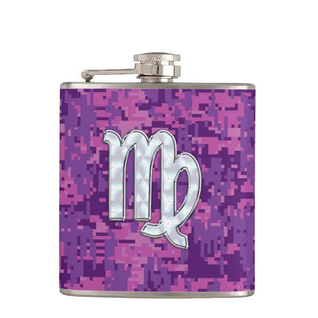 Virgo Zodiac Sign on Pink Digital Camouglage Hip Flask (Front)