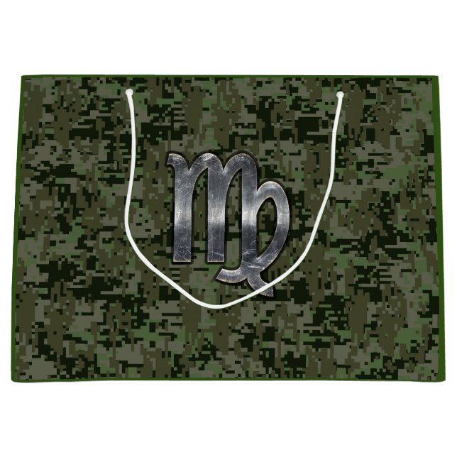 Virgo Zodiac Sign on Woodland Digital Camo Large Gift Bag (Front)