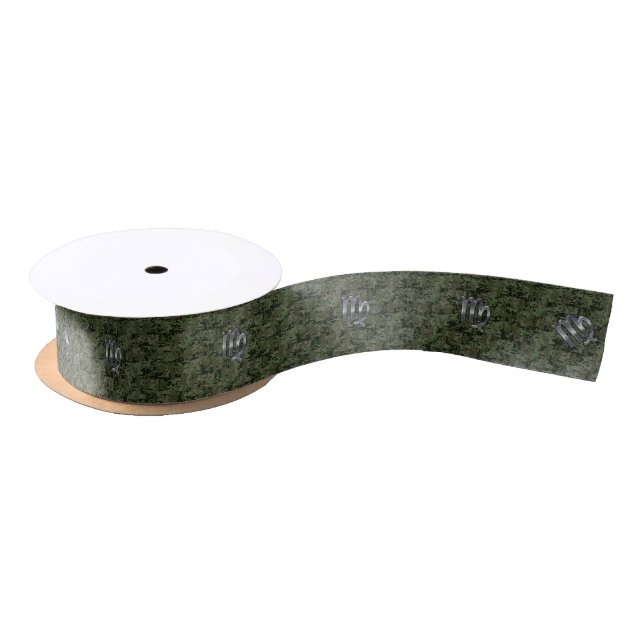 Virgo Zodiac Sign on Woodland Digital Camo Satin Ribbon (Spool)