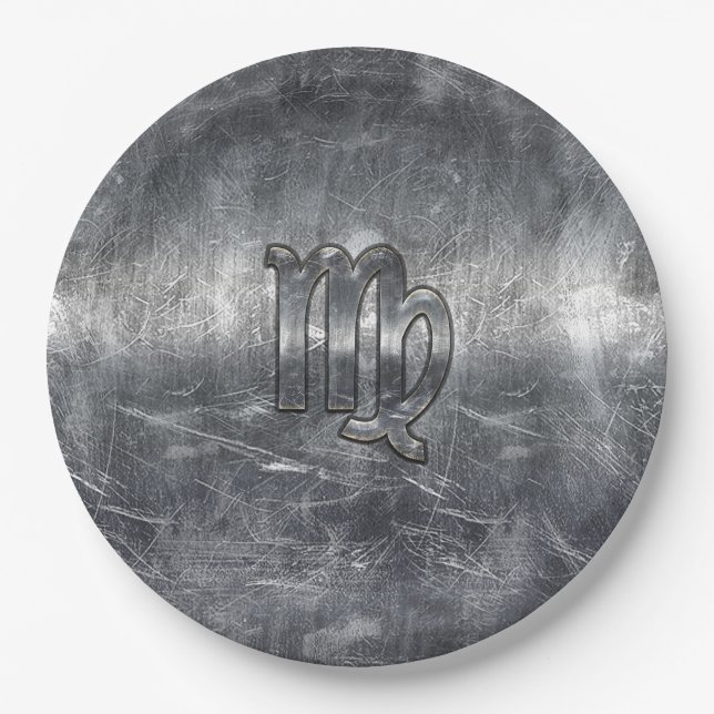 Virgo Zodiac Sign Silver Distressed Style Paper Plate (Front)