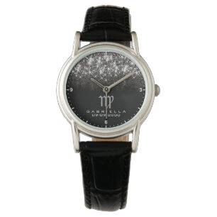 Virgo Zodiac Sign Silver Glitter Stars Birth Date Watch
