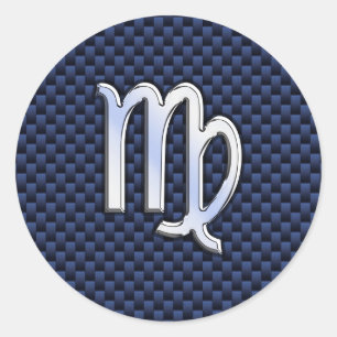 Virgo Zodiac Silver Sign Blue Carbon Fibre Print Classic Round Sticker