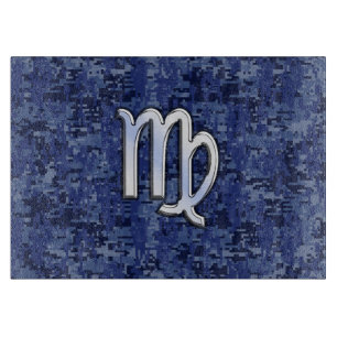 Virgo Zodiac Silver Sign on Navy Blue Digital Camo Cutting Board