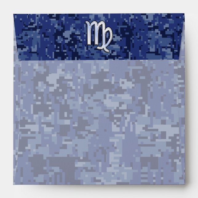 Virgo Zodiac Silver Sign on Navy Blue Digital Camo Envelopes (Back (Top Flap))