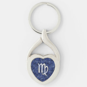 Virgo Zodiac Silver Sign on Navy Blue Digital Camo Key Ring