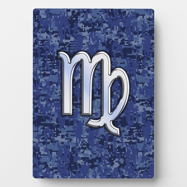 Virgo Zodiac Silver Sign on Navy Blue Digital Camo Plaque (Front)