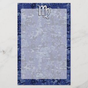 Virgo Zodiac Silver Sign on Navy Blue Digital Camo Stationery