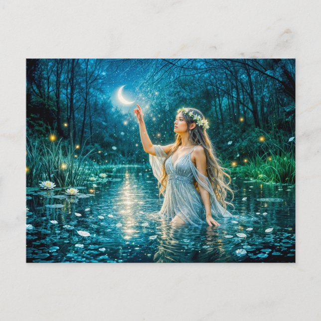 Virgo Zodiac with Moonlit Maiden Holding a Glowing Postcard (Front)