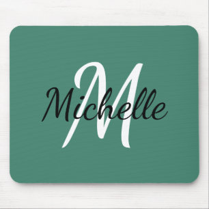 Viridian Green & White Monogram Add Your Name Mouse Mat