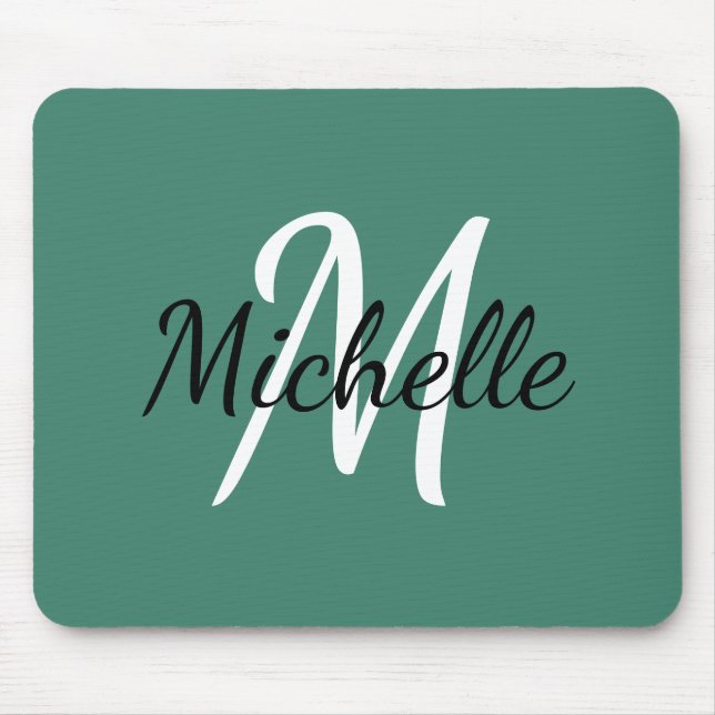 Viridian Green & White Monogram Add Your Name Mouse Mat (Front)