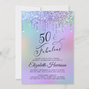 Virtual 50th Birthday Party Rainbow Glitter Invitation