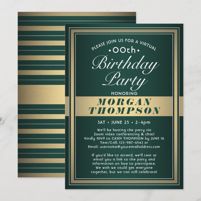 Virtual Any Birthday Green Gold and White Party Invitation (Front/Back)