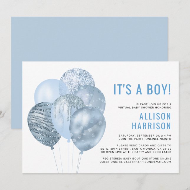 Virtual Baby Boy Shower Balloons Blue Glitter Invitation (Front/Back)