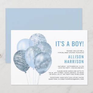 Virtual Baby Boy Shower Balloons Blue Glitter Invitation