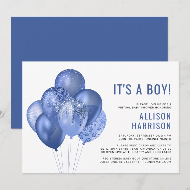 Virtual Baby Boy Shower Blue Glitter Balloons Invitation (Front/Back)