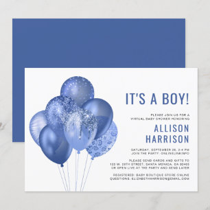 Virtual Baby Boy Shower Blue Glitter Balloons Invitation