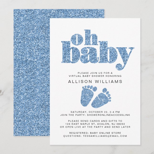 Virtual Baby Boy Shower Blue Glitter Invitation (Front/Back)