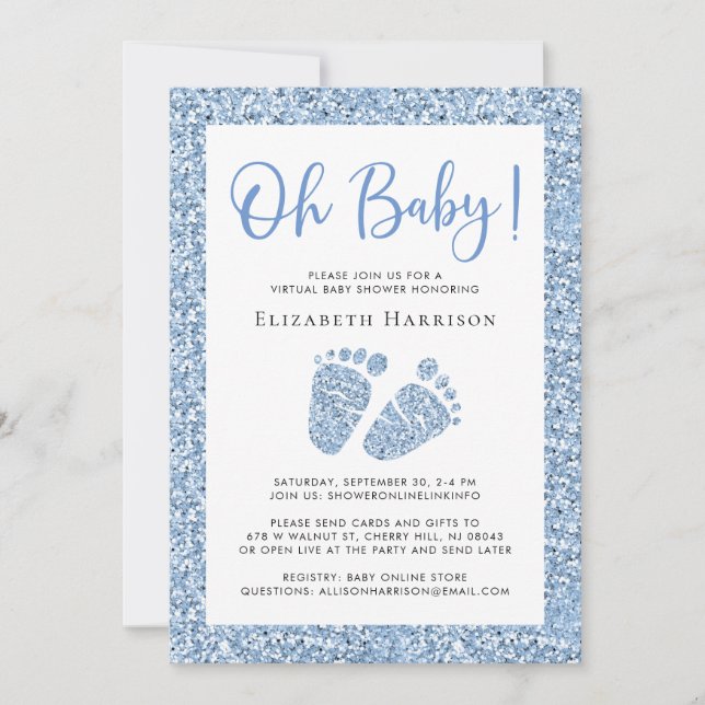 Virtual Baby Boy Shower Blue Glitter Invitation (Front)
