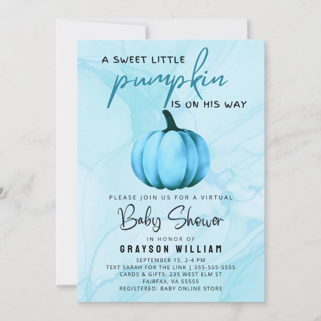 Virtual Baby Boy Shower Blue Pumpkin Invitation (Front)