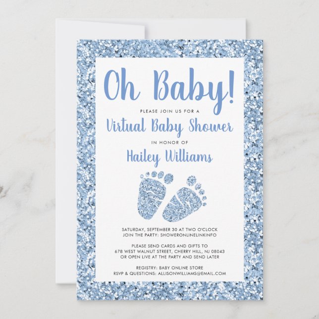 Virtual  Baby Boy Shower Oh Baby Blue Glitter Feet Invitation (Front)