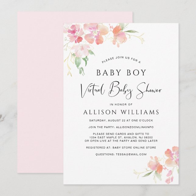 Virtual Baby Boy Shower Pink Floral Watercolor Invitation (Front/Back)
