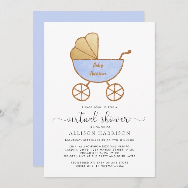 Virtual Baby Boy Shower Retro Carriage Blue Invitation (Front/Back)