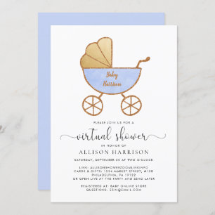 Virtual Baby Boy Shower Retro Carriage Blue Invitation