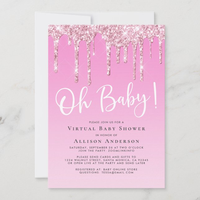 Virtual Baby Girl Shower Glitter Drip Pink Invitation (Front)