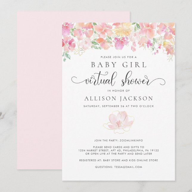Virtual Baby Girl Shower | Pink Coral Gold Floral Invitation (Front/Back)