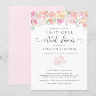 Virtual Baby Girl Shower   Pink Coral Gold Floral Invitation