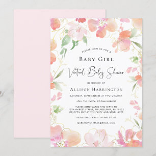 Virtual Baby Girl Shower Pink Floral Watercolor Invitation