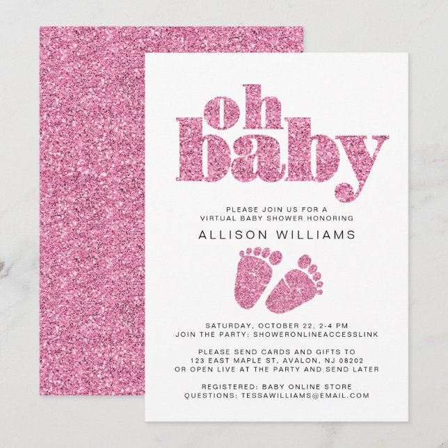 Virtual Baby Girl Shower Pink Glitter Invitation (Front/Back)
