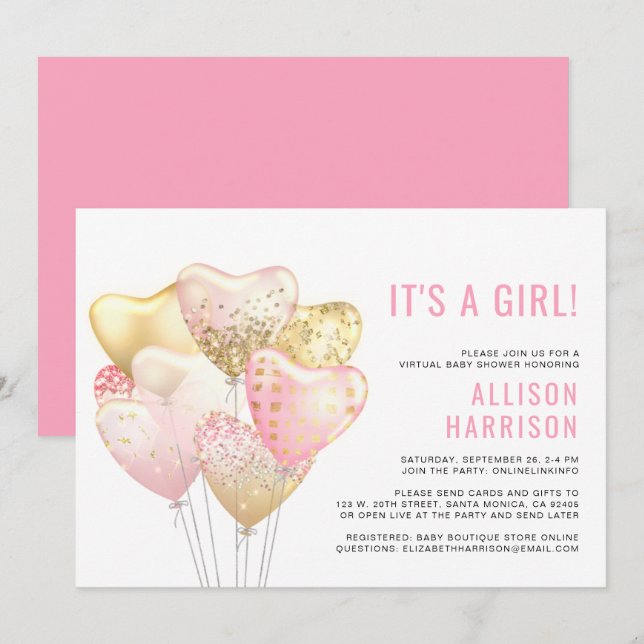 Virtual Baby Girl Shower Pink Gold Glitter Balloon Invitation (Front/Back)