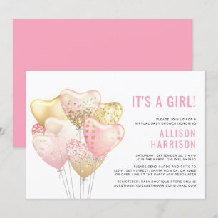 Virtual Baby Girl Shower Pink Gold Glitter Balloon Invitation