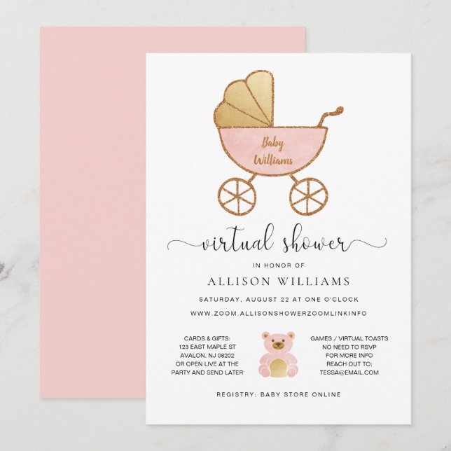 Virtual Baby Girl Shower Pink Gold Retro Carriage Invitation (Front/Back)