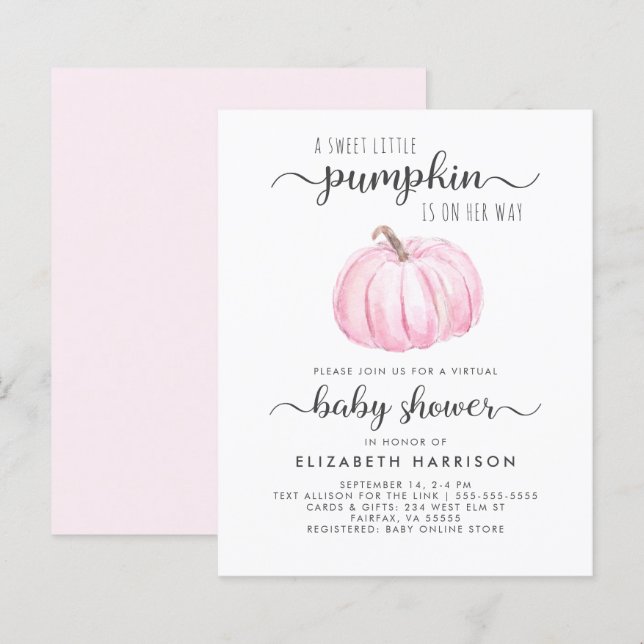 Virtual Baby Girl Shower Pink Pumpkin Invitation (Front/Back)