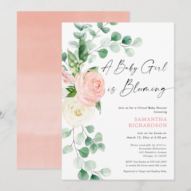 Virtual baby shower Baby girl is blooming spring Invitation (Front/Back)