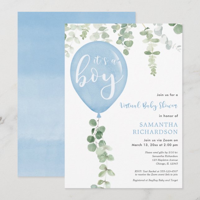 Virtual baby shower boy blue balloons eucalyptus invitation (Front/Back)