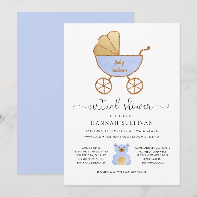 Virtual Baby Shower Boy | Retro Carriage Blue Gold Invitation (Front/Back)