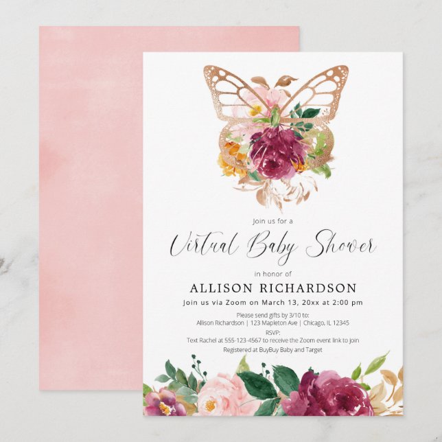 Virtual Baby Shower butterfly blush burgundy girl Invitation (Front/Back)
