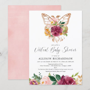 Virtual Baby Shower butterfly blush burgundy girl Invitation