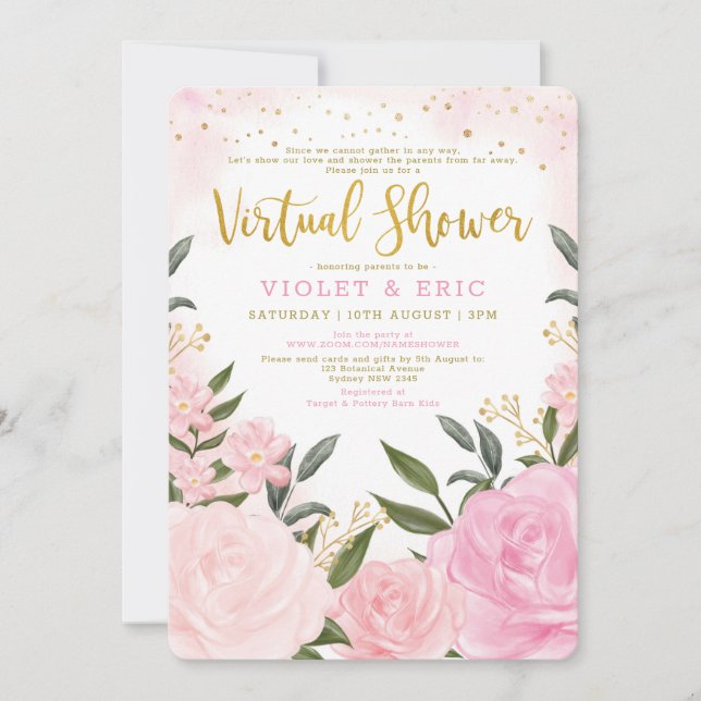 Virtual Baby Shower By Mail Blush Pink Gold Roses Invitation (Front)
