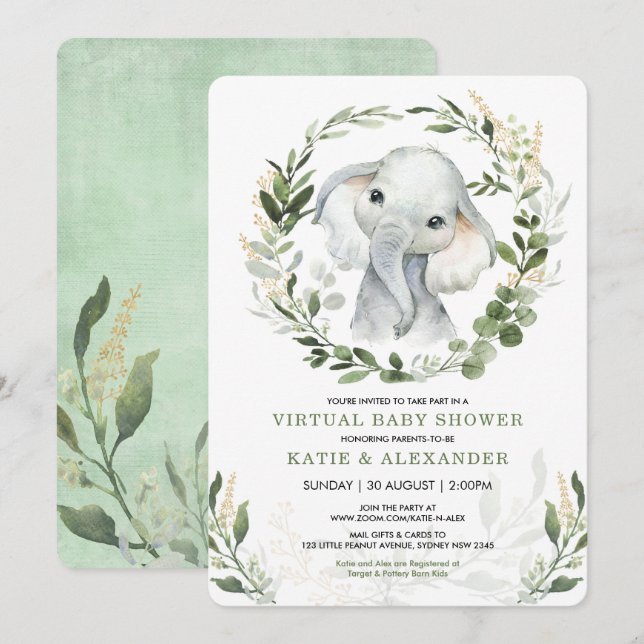 Virtual Baby Shower By Mail | Greenery Elephant Invitation (Front/Back)