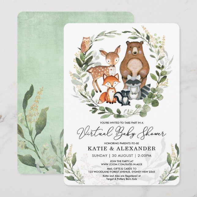 Virtual Baby Shower By Mail | Greenery Woodland Invitation (Front/Back)